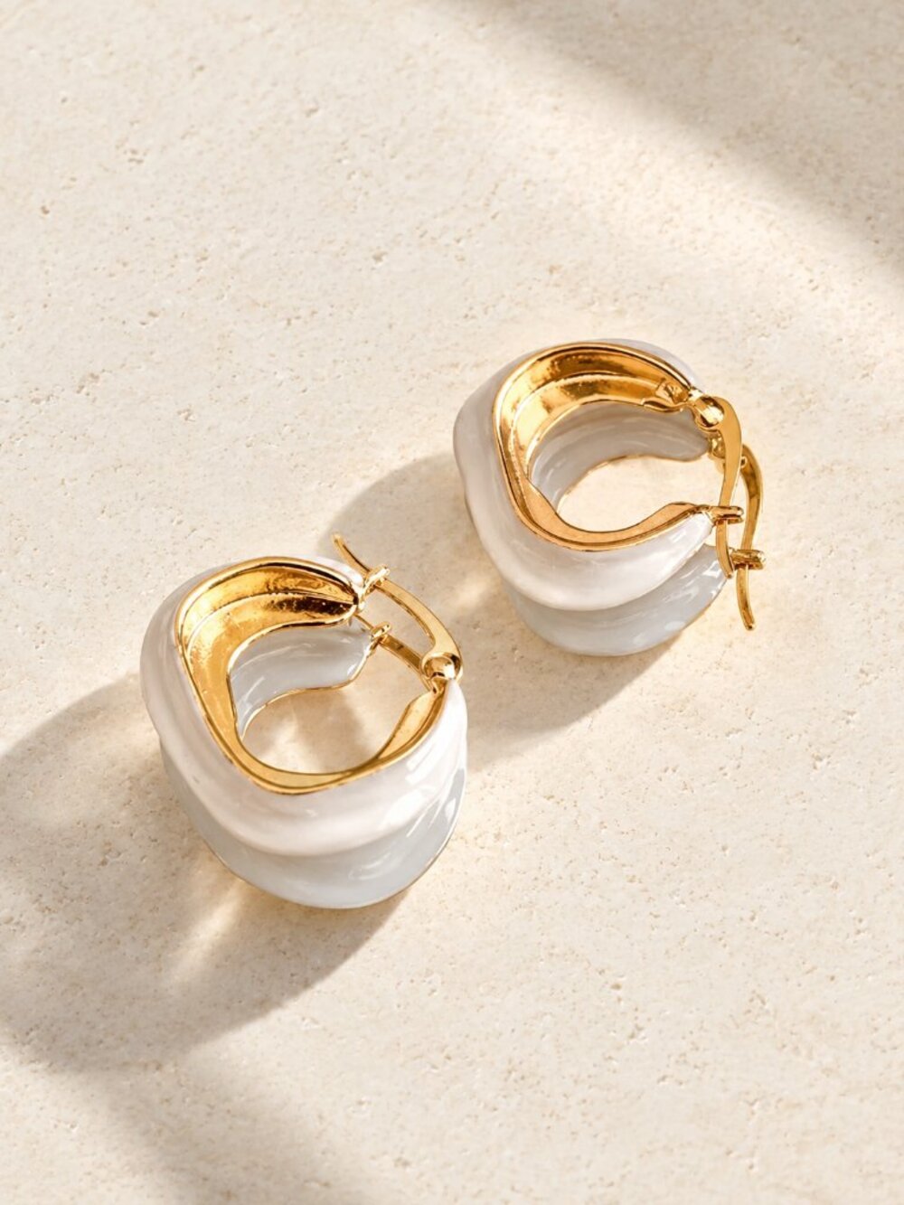 Anthropologie 18K Gold White Sculptural Chunky Hoop Earrings